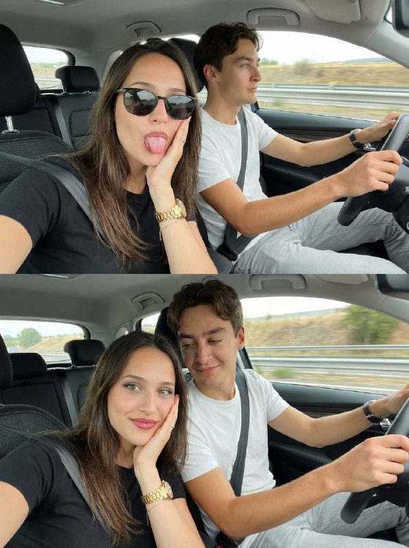 Диптих селфи пары в движущейся машине. Фотография...