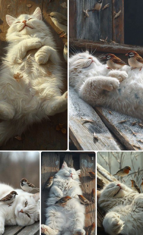 Промпт:On a wooden roof a fluffy white...