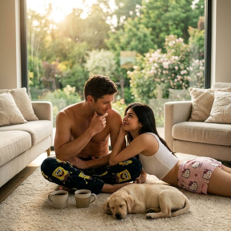 • Фотографическая сцена: уютная домашняя гостиная пара...