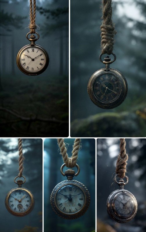 Промпт:Antique pocket watch hanging from a frayed...