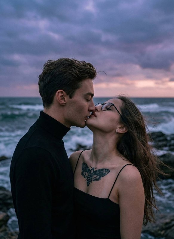 Фотографический кинематографичный портрет пары на каменистом берегу...