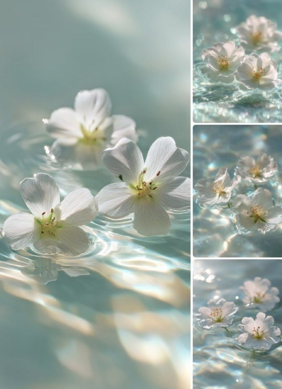 Промпт:three delicate white flowers gently floating on...