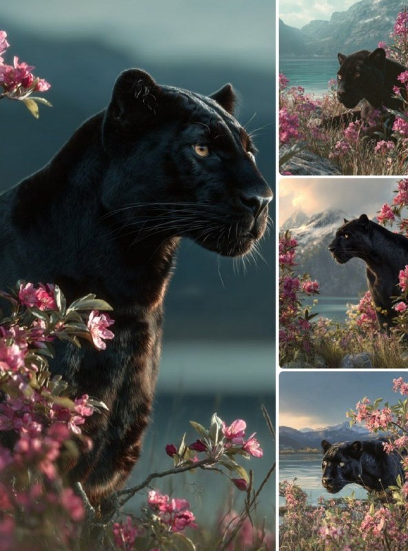 Промпт:Panthère noire au pritemps près d’un lac...