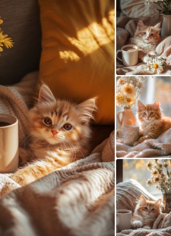 Промпт:Small fluffy kitten lying on a blanket...