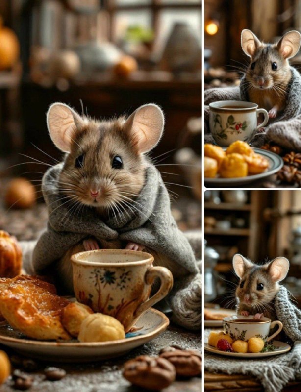 Промпт:Cute little mouse sitting on a table...