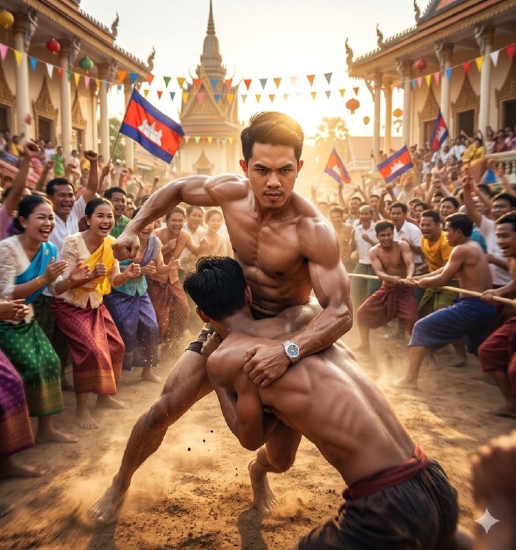 A handsome young Khmer man shirtless actively...