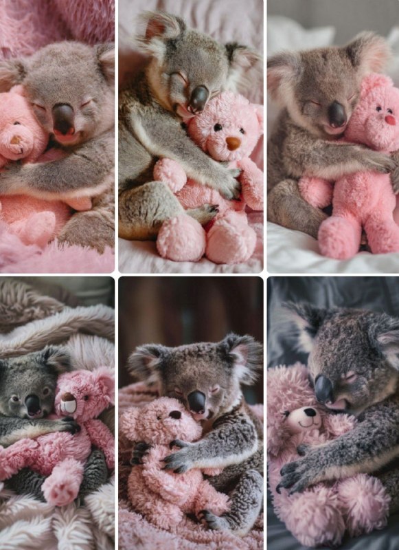 Промпт:a baby koala cuddles with a pink...